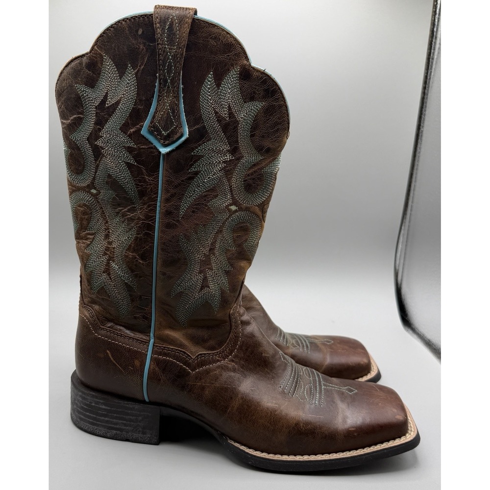 Ariat Tombstone Women's 8.5B Brown/Teal Square Toe Leather Embroidered Boots